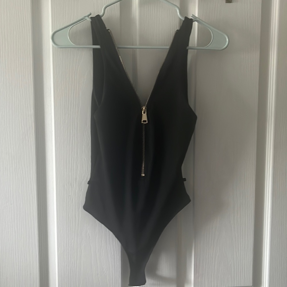 Forever 21 Contemporary black swimsuit with gold zipper front size S